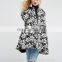 China Supplier Wholesale OEM ODM New Fashion Lady Winter Coat, Black and White Print Floral Satin A- Line Coat With Rib Detail