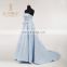 Newest Fashion Handmade Boned Satin Light Blue Evening Dresses 2016 Sweep Train A Line Prom Dresses