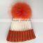 Myfur Fashion Women Bi-color Wool Beanie Hat with Real Raccoon Fur Bobble Poms