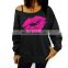 New Wholesale Women Lips Print Pullover One Shoulder Jumper Sweater Hoodie Sweatshirt Tops