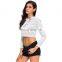 2016 New Design Deep V-neck Lacing Collar Crop Top Women Girls T-shirt