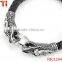 Leather Mens Bracelet 8 Inches with Locking Stainless Steel Dragon Head Clasp, Black Silver