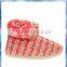 pink and beige stripe knit warm indoor boots with big pom-pom