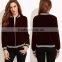 Jacket Women Winter Burgundy Stand Collar Bomber Jacket Slim Fit Velvet Blazer With Striped Trim Detail