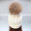 White unisex adults/kids size ribbed raccoon fur pom pom popular hats