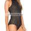 MiKa72167 Fashion Women Clothes Black Striped Ribbed Knit Halter Bodysuit for Summer