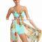 Marvelous 3-Piece Multi Sea Green Floral Print Bikini Top, BoyLeg Bottom Beach Sarong