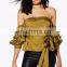 2017 Latest Fashion Top Design Tie Waist Ruched Sleeve Bardot Top