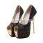 ladies latest handmade good quality shinning fabric high heels peep toe glitter finish platform sandals shoes
