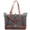 Wholesale  super canvas shopping bag beach tote bag with leather trim and leather handle
