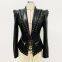 Fashion New Arrival V-neck Corns Metal Leather Jacket Tight Black Zipper Short Women's Clothing