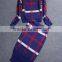 Autumn winter woman multi-colored pullover plaid sweater and knitted pencil skirt