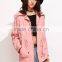 OEM Latest Pink Wide Collar Cotton Jacket Drawstring Utility Jacket Zipper Tie Waist Winter Coat Customized