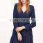 Navy Double Breasted Pleated Hem Dress Polyester Spandex Long Sleeve V Neck Casual Plain Dress