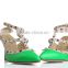 Genuine leather Showy Bright green color middle heel sandal