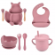 8pcs Food Grade Silicone Baby Feeding Set Baby Plate Bowl Wooden Silicone Spoon Fork Sets