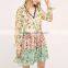 Western spring peasant girls v lace neckline long sleeve floral chiffon ruffle garden dress