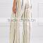 Wholesale Women Apparel Cream-color and Dark-green Striped Cotton and Linen-blend Wid-leg Pants(DQE0386P)