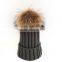 Myfur Dark Gray Wool Knitting Hat Couple Cap With Raccoon Fur Pompom