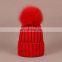 High quality knitting winter hats with handmade blue fox fur ball