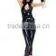 Best selling hot black romper cropped trousers open bust sexy leather catwoman costume