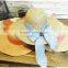 Women character brimmed straw hat with bowknot summer beach cap