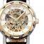 Golden Steampunk Skeleton Mechanical White Dial Men's Sport Leather Wrist Watch