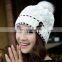 Double buckle ladies beanies cute rabbit fur pompom knitted hats