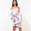 Ruffle flare sleeve digital floral print off shoulder bodycon bardot dress
