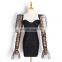 Green Sexy Patchwork Mesh Square Collar Puff Long Sleeve Ruched Dresses For Women