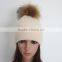 Myfur Wholesale Classic Beige Angola Rabbit Custom Knitted Pom Beanie Hat With Fur Pom