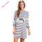 2017 Burgundy O-Neck Full Sleeve Denim Blue Cuffs Striped Casual Mini Dresses