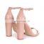 Ladies fancy handmade design high heels nude patent ankle strap block heel women sandals shoes