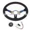 car race tuning titanium blue spoke steering wheel leather wrap, 14 inch horn button race car steering wheel