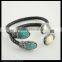 LFD-B0025 Wholesale Charms Turquoise & Pearl Pave Rhinestone Leather Bangles Bracelet in Black Color Jewelry Finding