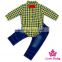 Wholesale Unisex Boutique Outfits Plaid Shirt Label Collar Top Match Jeans Pants With Bow Tie Teen Uniform Christening Suit Sets