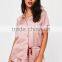 Custom Logo Pink Satin Short Pajama Set With Back Embroideried Button Top With Drawstrings Shorts