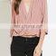 wrap front plain long sleeves chiffon blouse deep v neck casual new fashion chiffon blouse 2016