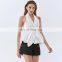 TWOTWINSTYLE Women Shirt Halter Sleeveless Backless Short Blouse Patchwork Bowknot Slim