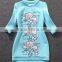 2014 Newest early autumn fashion designer bright blue space cotton flower letter printed 3/4 sleeve slim active dresses for girl