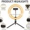 New 10'' inch 3  Colors Lighting Mode Dimmable Remote Control Rechargeable LED Selfie Ring Light with Phone Holder