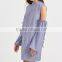Blue Striped Open Shoulder Ruffle And Drawstring Sleeve Dress Women Casual Dress Spring Summer Long Sleeve Dress