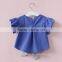 Latest Girs Designs Baby Clothes Cotton Blue Puff Sleeve Breathable Casual Bow Princess Shirt