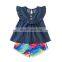 2020 new girls' sets summer denim blouses + print rainbow flowers shorts fashion children's clothing suit