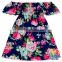 Navy floral elastic high waist off shoulder fancy dresses for baby girl