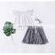 2019 Fly Sleeve White Round Neck T-shirt & Plaid Ruffle Skirt Girls Cotton Outfit 2pcs set
