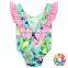 Fancy Sweet Mint Aqua Floral Dancing Leotards with pink ruffle and back bow rompers