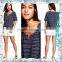 Hot Styles High Quality Ladies Blue White Stripe Knit Open O Neck T-Shirts Adult's Tops