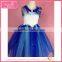 Hot sale over knee tulle girls' dress in blue and white flower on shoulder