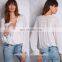 Lace trimed long sleeve woman surplice woven top